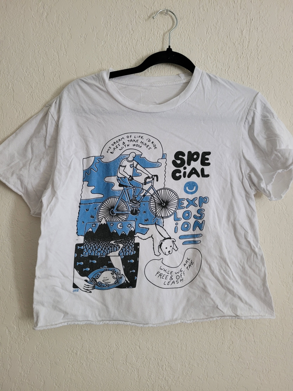 White Graphic Cropped Tee with Blue & Black Illustration
